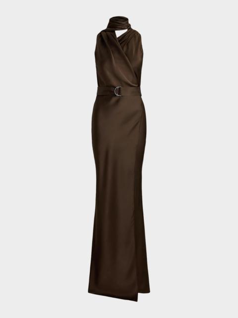 Ralph Lauren Neck-Scarf Washed Duchesse-Silk Wrap Gown
