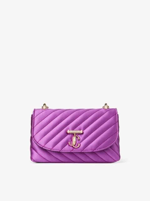 JIMMY CHOO Curve Cross Body Small
Violet Orchid Quilted Satin Crossbody with Crystal JC Bar