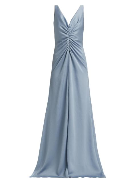 AMSALE Women's Satin Cinched V-Neck A-Line Gown - Smokey Blue