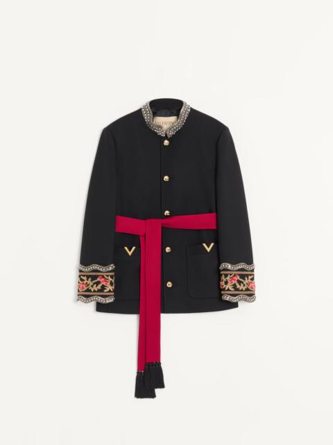 VALENTINO EMBROIDERED JACKET WITH BELT IN WOOL GABARDINE WITH VGOLD