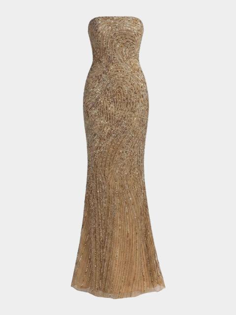 MAC DUGGAL Embellished Mesh Strapless Column Gown