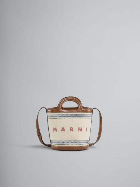 Marni TROPICALIA SMALL BUCKET BAG IN BROWN LEATHER AND STRIPED CANVAS