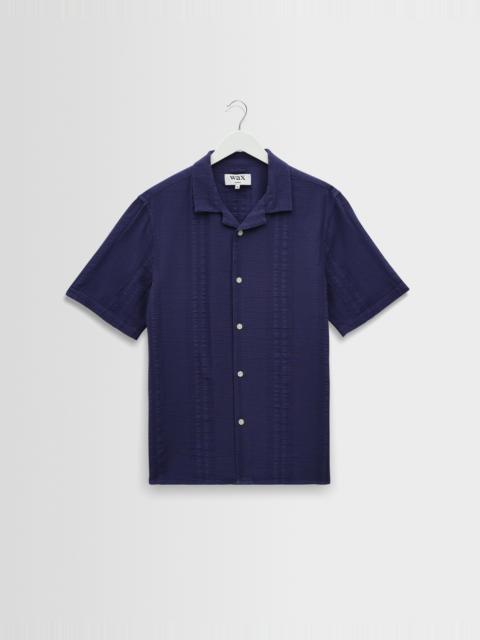 Wax London Didcot - Dark Blue Double-Weave Seersucker Short-Sleeve Shirt