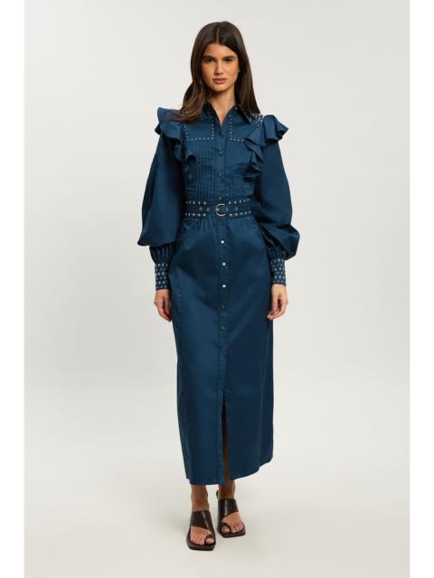 KAREN MILLEN Petite Cotton Sateen Drama Sleeve Studded Woven Maxi Shirt Dress