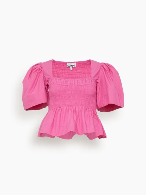 GANNI Cotton Poplin Open Neck Smock Blouse in Cone Flower