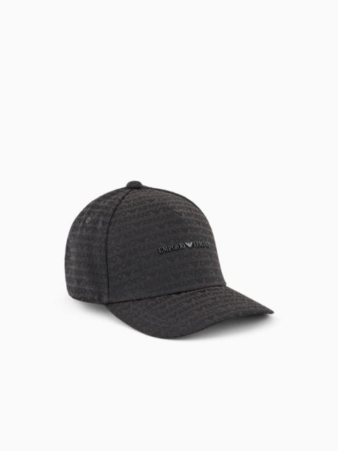 EMPORIO ARMANI JACQUARD NYLON BASEBALL CAP WITH ALL-OVER LOGO LETTERING
