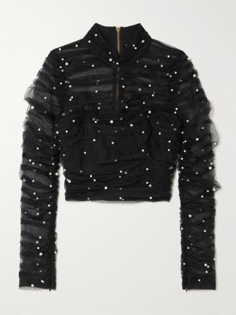 Aje. Juniper Embellished Gathered Tulle Blouse