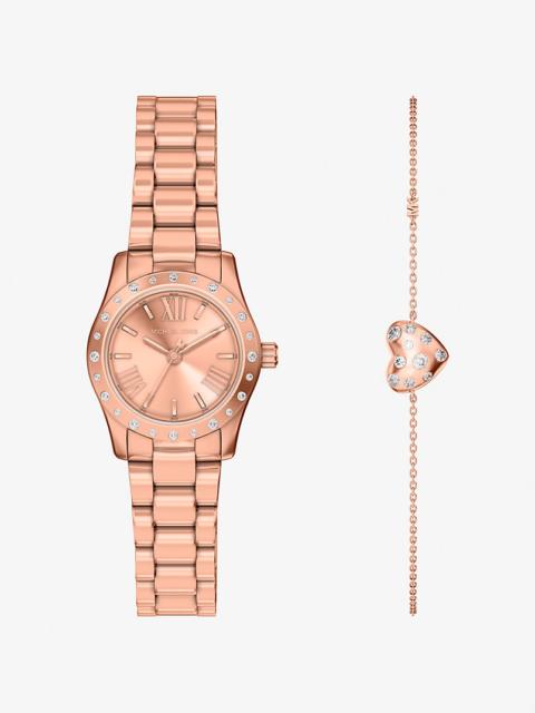 MICHAEL KORS Petite Lexington Pavé Rose Gold-Tone Watch and Heart Bracelet Gift Set
