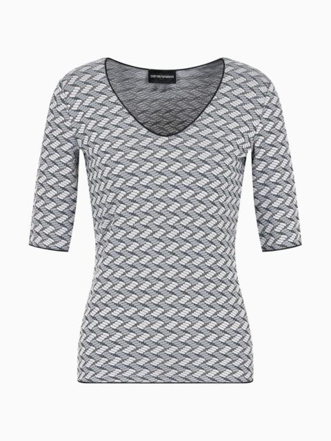 EMPORIO ARMANI Short-sleeved V-neck jumper in embossed jacquard jersey