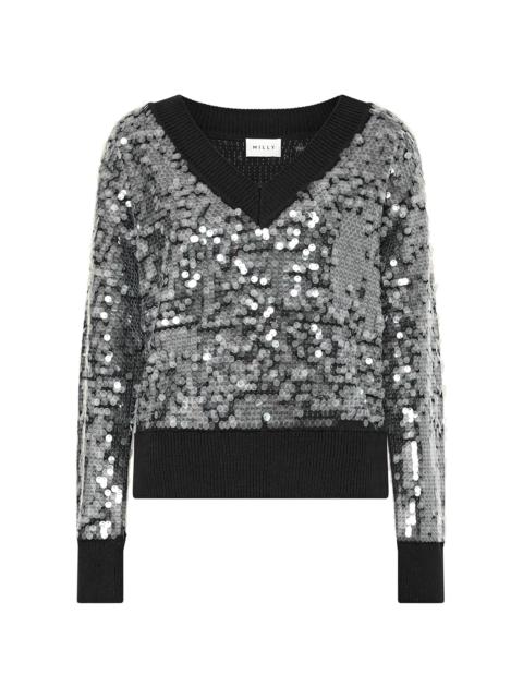 MILLY Women's Ilaria Sequined V-Neck Sweater - Black