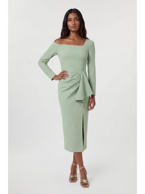 KAREN MILLEN Compact Stretch Asymmetric Neckline Draped Midi Dress