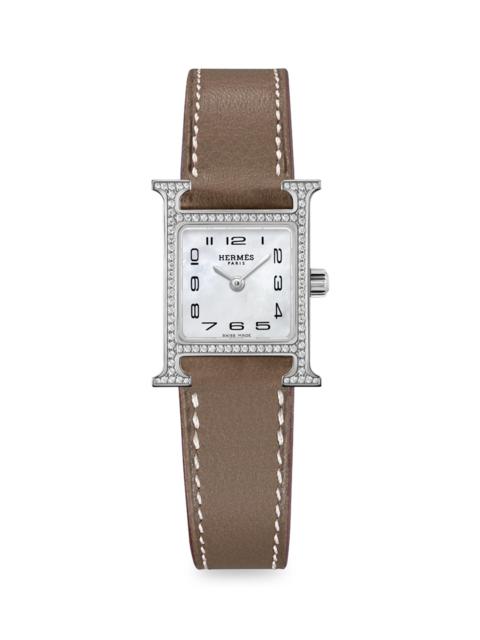 Hermès Women's Heure H 21MM Stainless Steel, Diamond & Leather Strap Watch - Brown