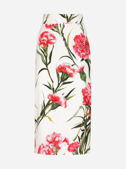Carnation-print poplin midi skirt
