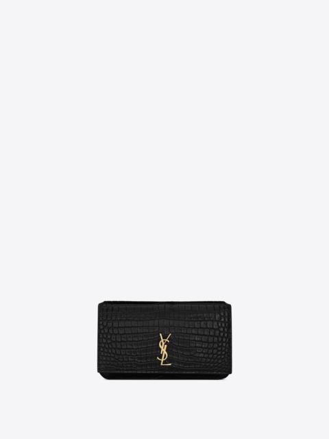 cassandre saint laurent phone holder with strap in shiny crocodile-embossed leather