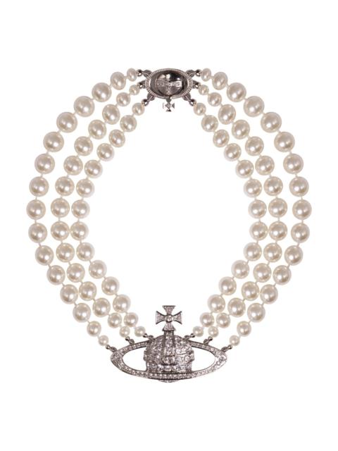 Vivienne Westwood THREE ROW PEARL BAS RELIEF CHOKER | SILVER/PEARL/CRYSTAL