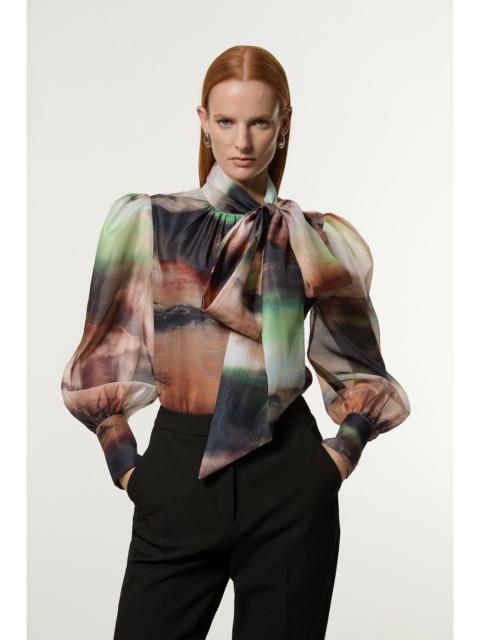 KAREN MILLEN Marbled Organdie Pussybow Woven Blouse