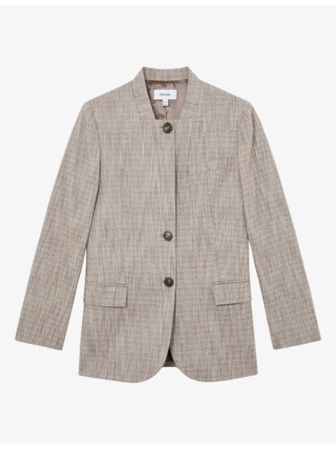 REISS Gia Collarless Checked Stretch Wool-Blend Jacket