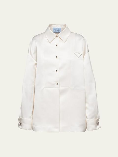 Boxy Crystal Button Satin Double Shirt