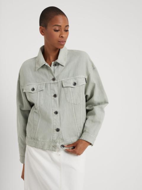 Garment-dyed four-pocket jacket in cotton and linen cover with shiny tab