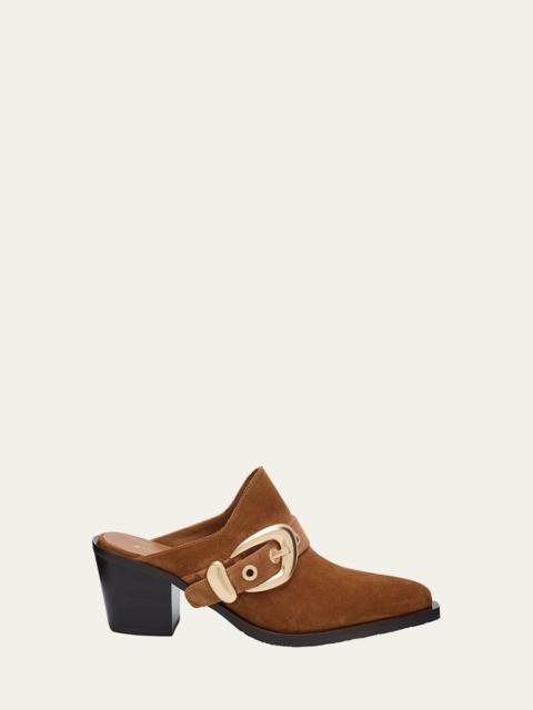 Stuart Weitzman Maven Suede Buckle Western Mules