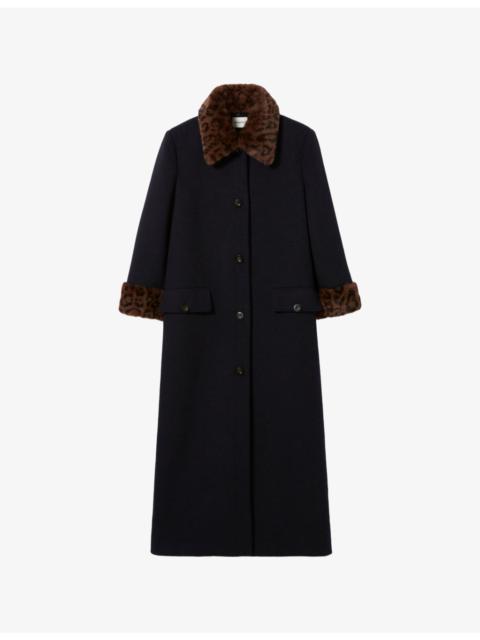 Claudie Pierlot Long Leopard-Collar Wool-Blend Coat