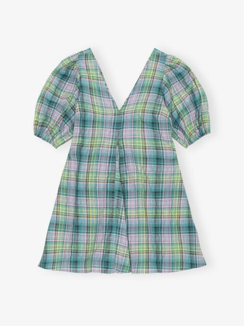 GANNI SEERSUCKER CHECK V-NECK MINI DRESS