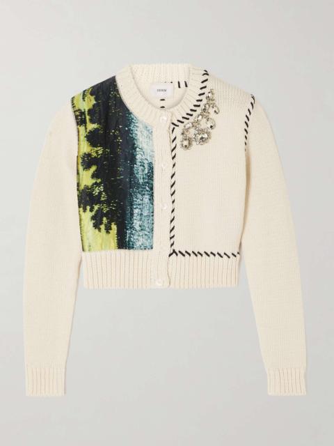 Cropped crystal-embellished printed cotton-blend and satin cardigan