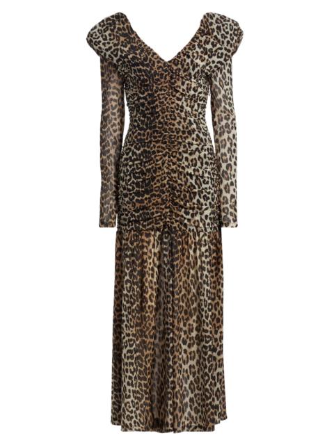 GANNI Women's Ruched Leopard Mesh Maxi Dress - Big Leopard Almond Milk