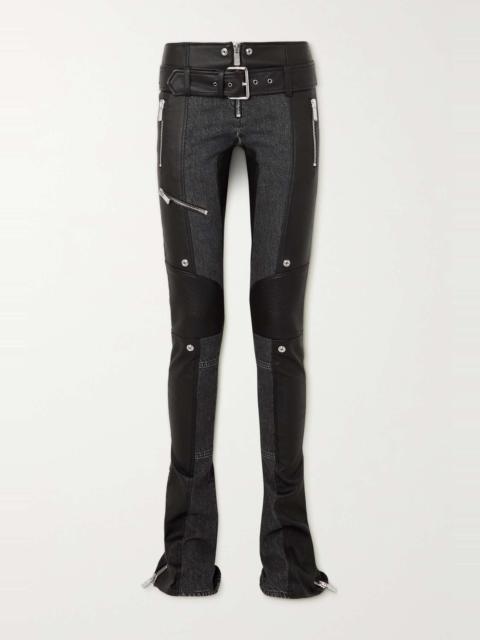 Belted leather and denim flared pants