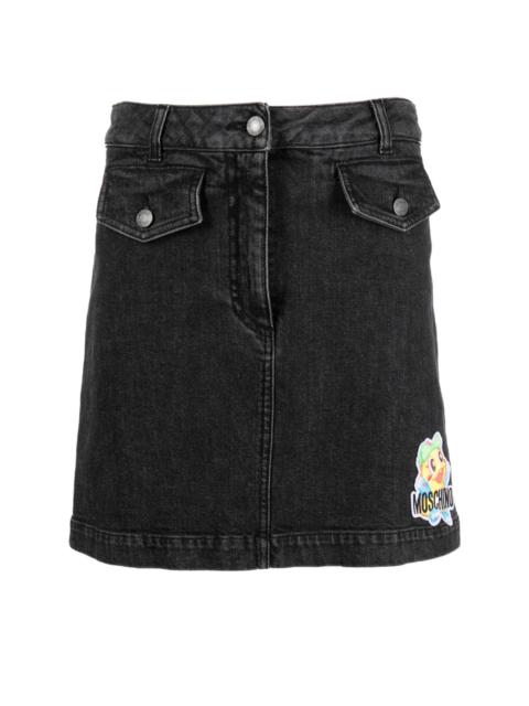 cartoon-embroidered A-line denim skirt
