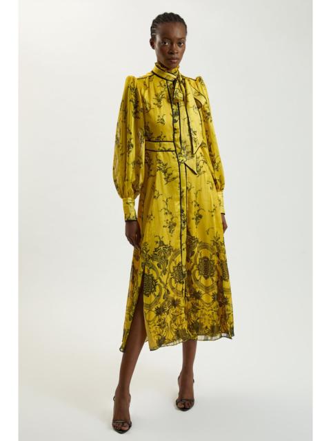 KAREN MILLEN Floral Print Tie Neck Woven Balloon Sleeve Midaxi Dress