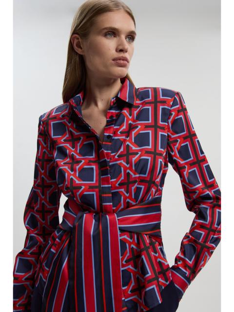 KAREN MILLEN Geo Print Hammered Satin Tie Waist Woven Shirt