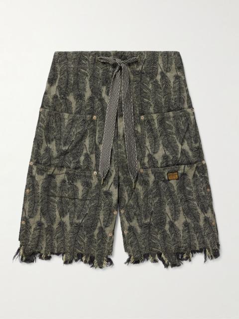 Kapital Magpie Straight-Leg Distressed Cotton-Jacquard Drawstring Shorts Green