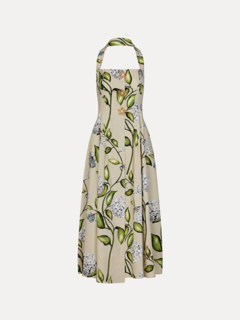 Oscar de la Renta PORCELAIN FLOWER COTTON POPLIN HALTER DRESS