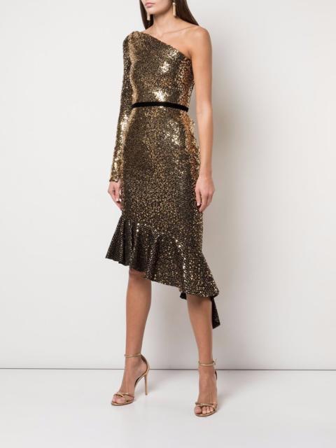 Marchesa GLITTER RUFFLE ASYMMETRIC COCKTAIL DRESS