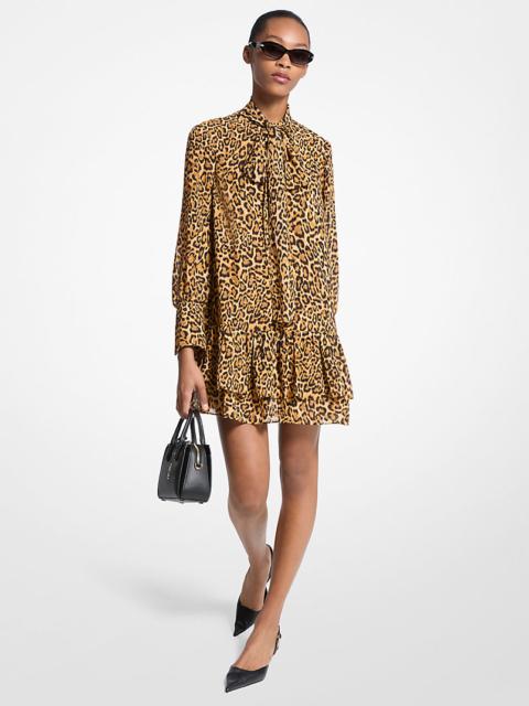 MICHAEL KORS Leopard Print Georgette Tie-Neck Dress