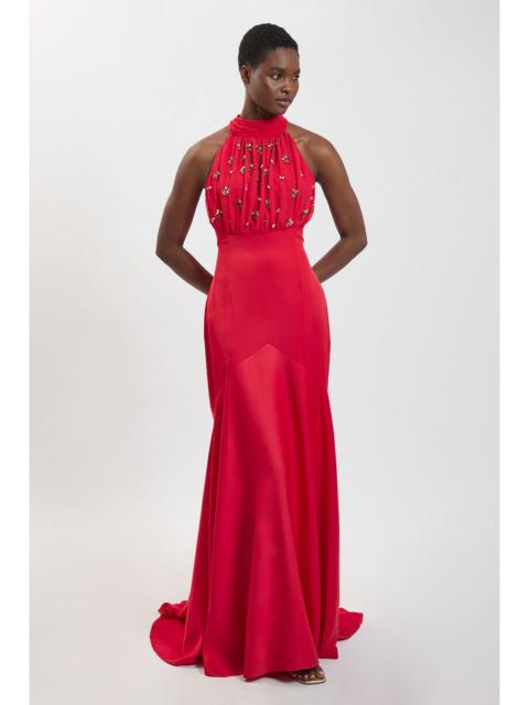 KAREN MILLEN Crystal Halterneck Satin Maxi Gown