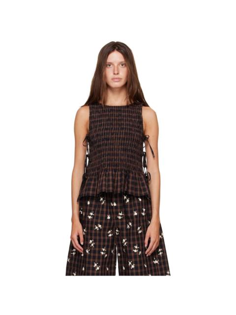 GANNI Brown Yarn Dyed Check Smocked Tie String Top