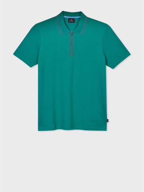 Teal Zip Neck Stretch-Cotton Polo Shirt