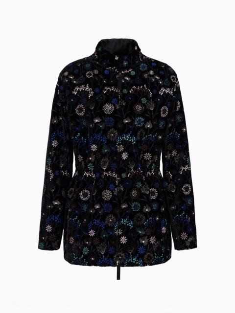 Velvet zip-up jacket with all-over floral embroidery