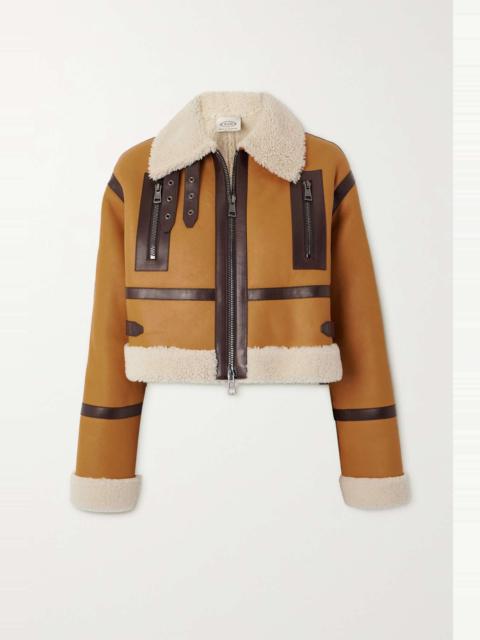 Cropped leather-trimmed shearling jacket
