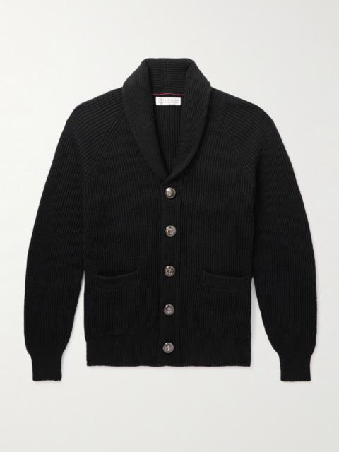 Brunello Cucinelli Shawl-Collar Ribbed Cotton Cardigan Black