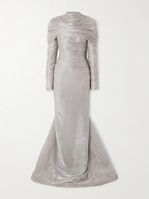 MARMAR HALIM Cape-effect Metallic Plissé-chiffon Gown