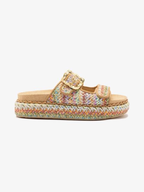 Larroudé Maui Slide In Tapestry Rainbow Raffia and Beige Trimming