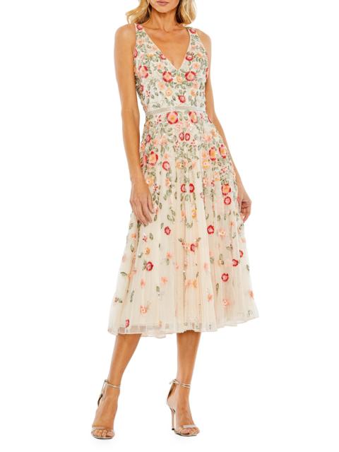 MAC DUGGAL Women's Cocktail Floral Embroidered V-Neck Midi-Dress - White Multi