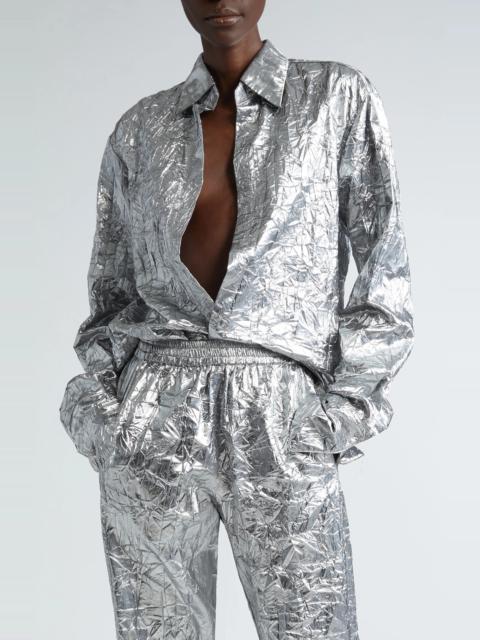 LaQuan Smith Crinkle Metallic Plunge Neck Button-Up Shirt