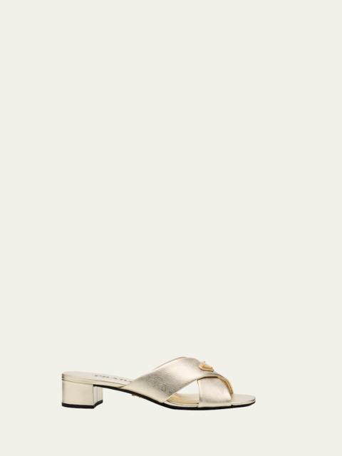 35mm Triangle Logo Metallic Leather Mule Sandals