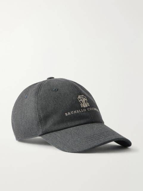 Brunello Cucinelli Logo-Embroidered Leather-Trimmed Cotton and Wool-Blend Twill Baseball Cap Gray