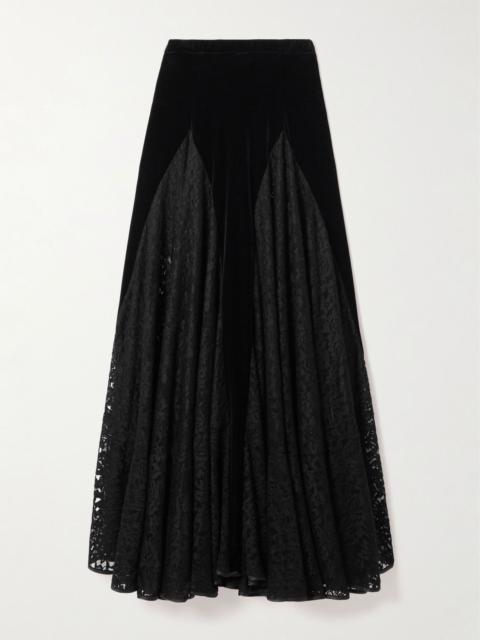 LORETTA CAPONI Velvet-paneled lace midi skirt Black