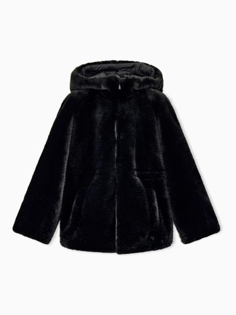 EMPORIO ARMANI CABAN COAT IN FAUX FUR WITH A HOOD AND ZIP CLOSURE